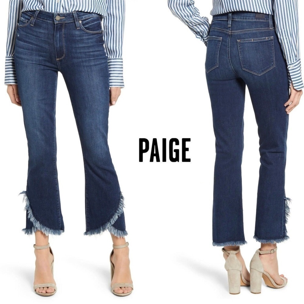 Paige Colette Crop Flare Jeans in Palma Wash Asymmetrical Heavy Fray Hem